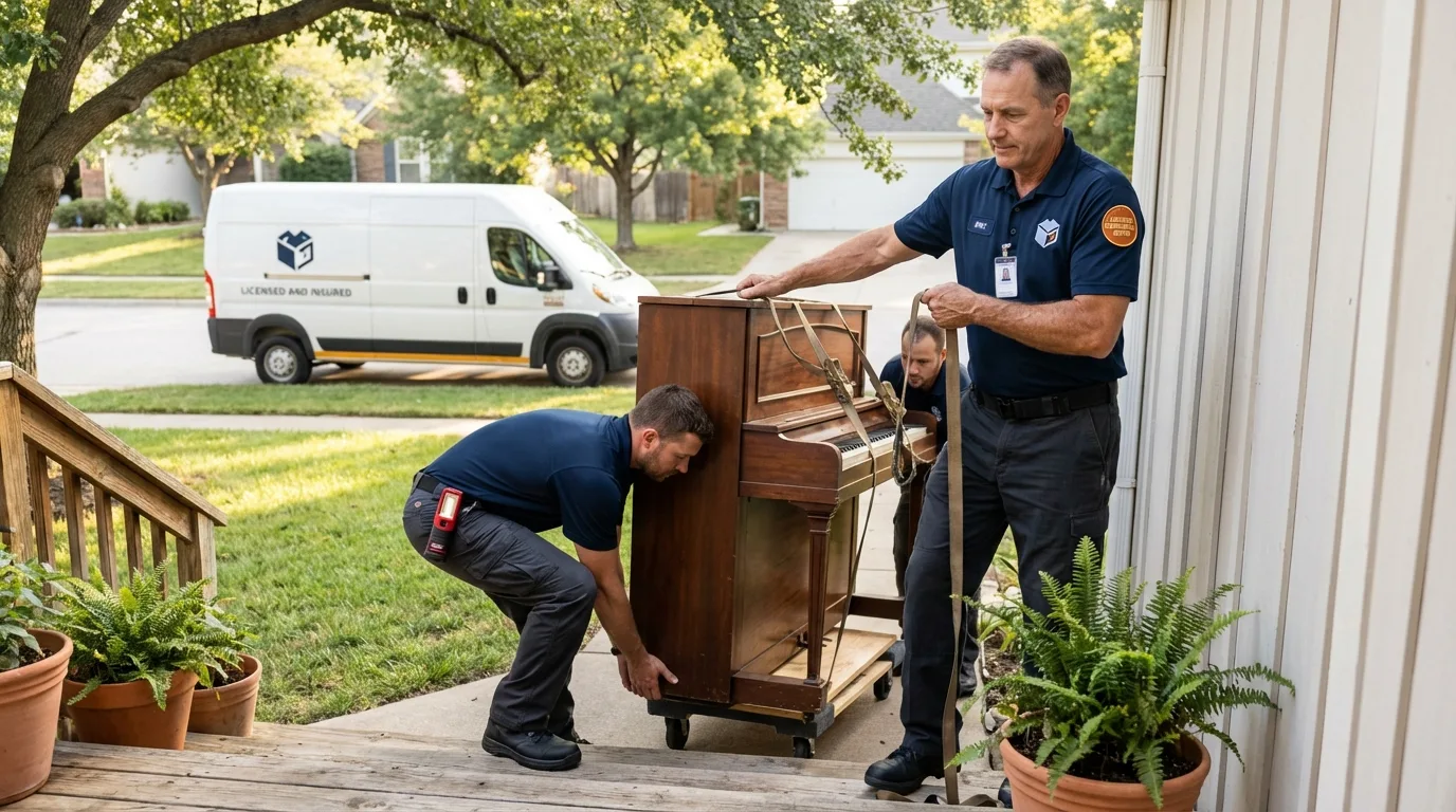 Licensed piano movers securing grand piano in Harriman, NY