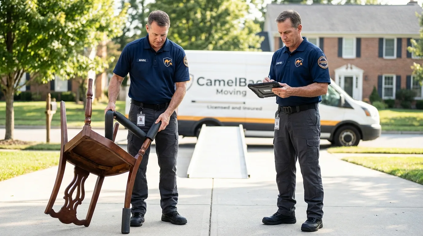 Movers inspecting furniture for damage prevention before loading in Harriman, NY