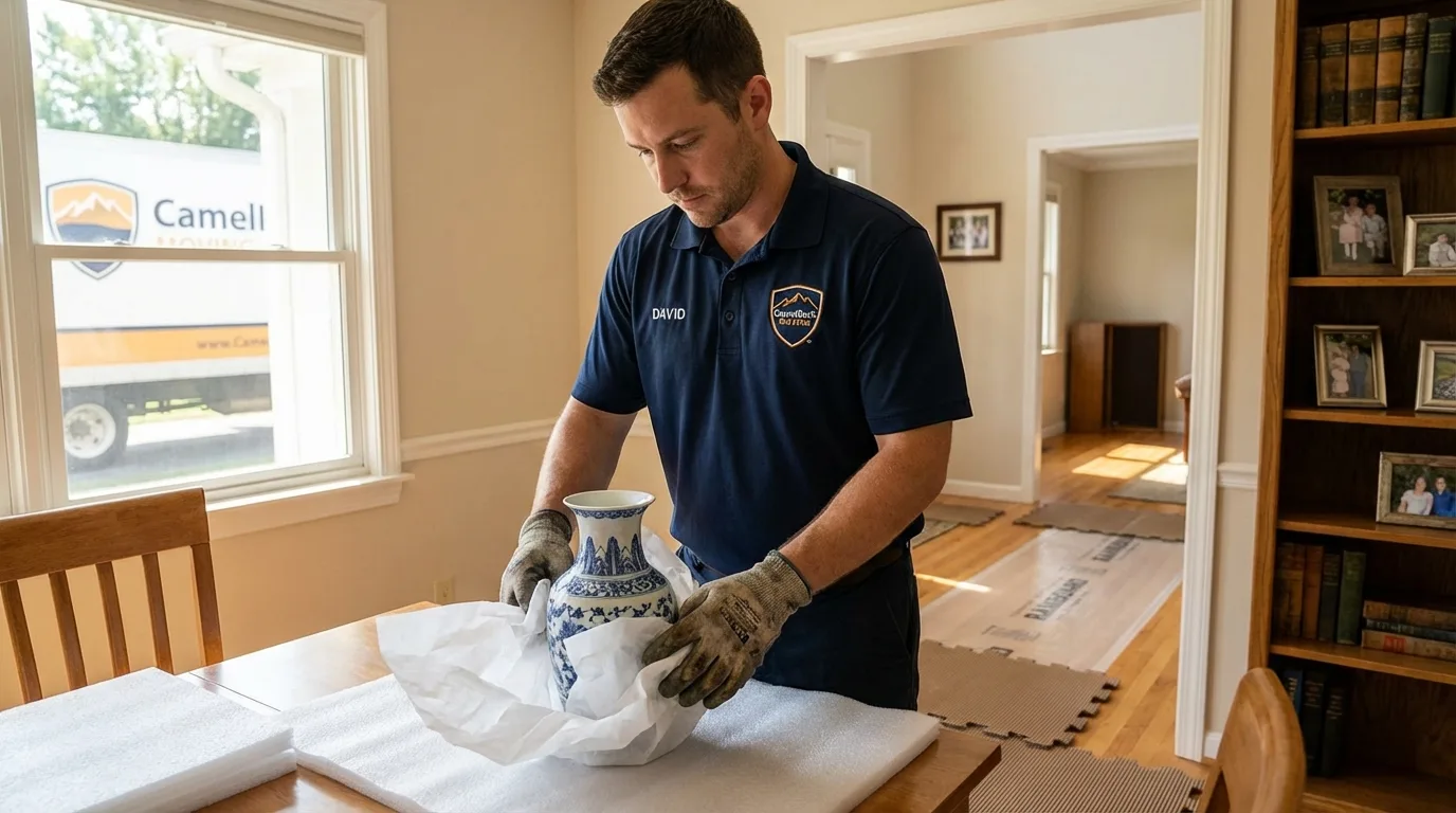 Professional crew carefully wrapping antique vase for senior downsizing move in Harriman, NY